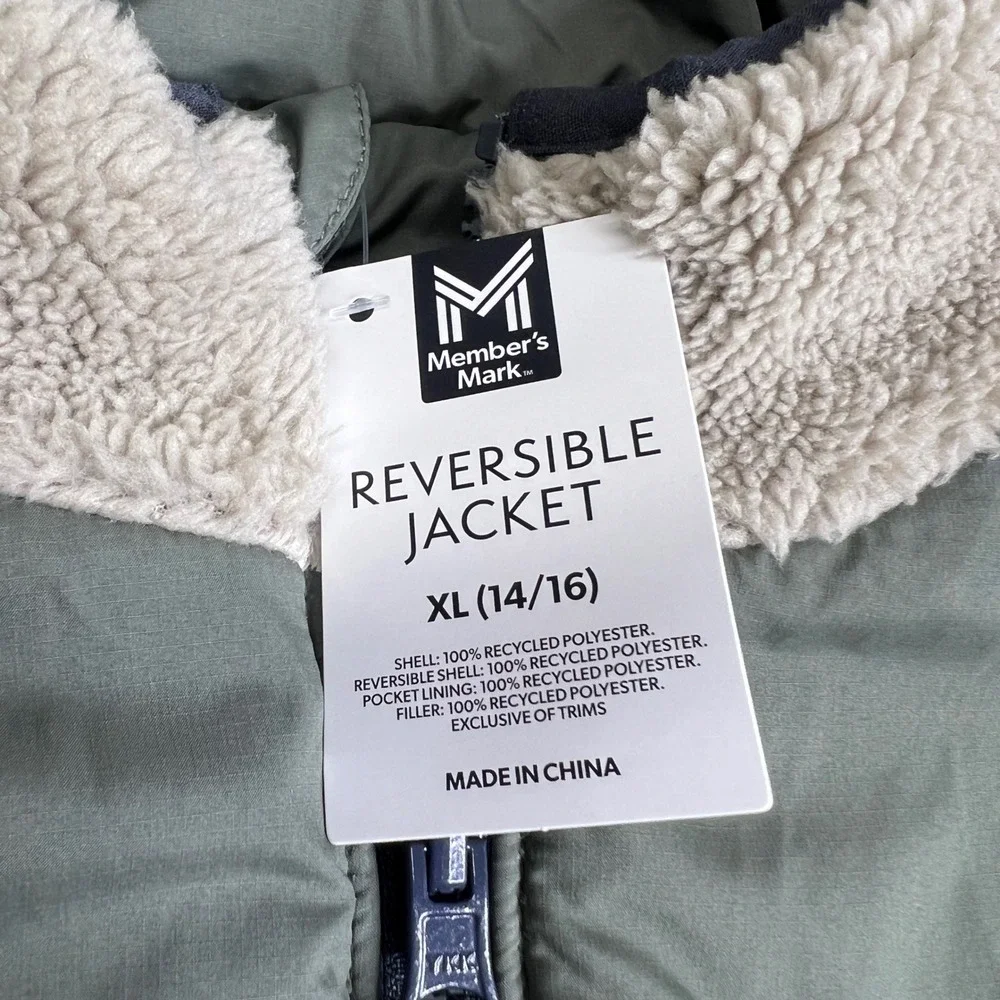 Members Mark Kids Reversible Jacket XL 14/16 Green Tan Sherpa Puffer Zip NWT
